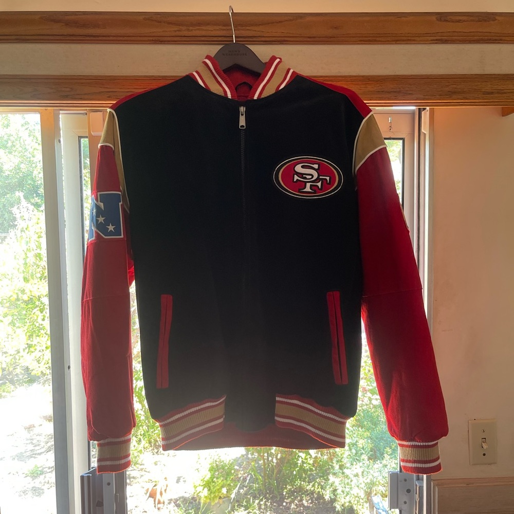 Vintage NFL San Francisco 49er's Suede Leather Jacket, Size Large Black Red&Gold